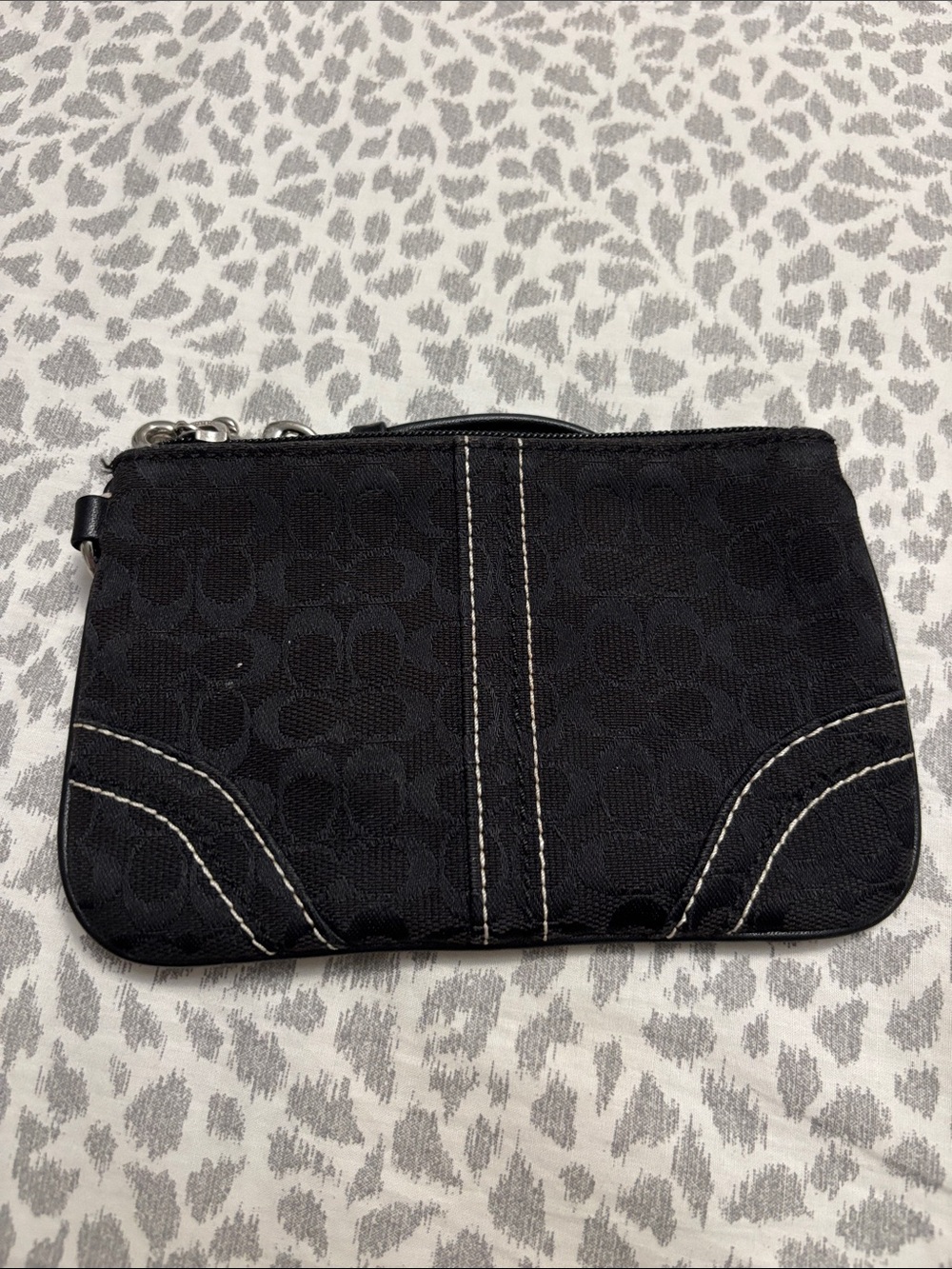 Coach Black Signature Jacquard Wristlet with White Stitching